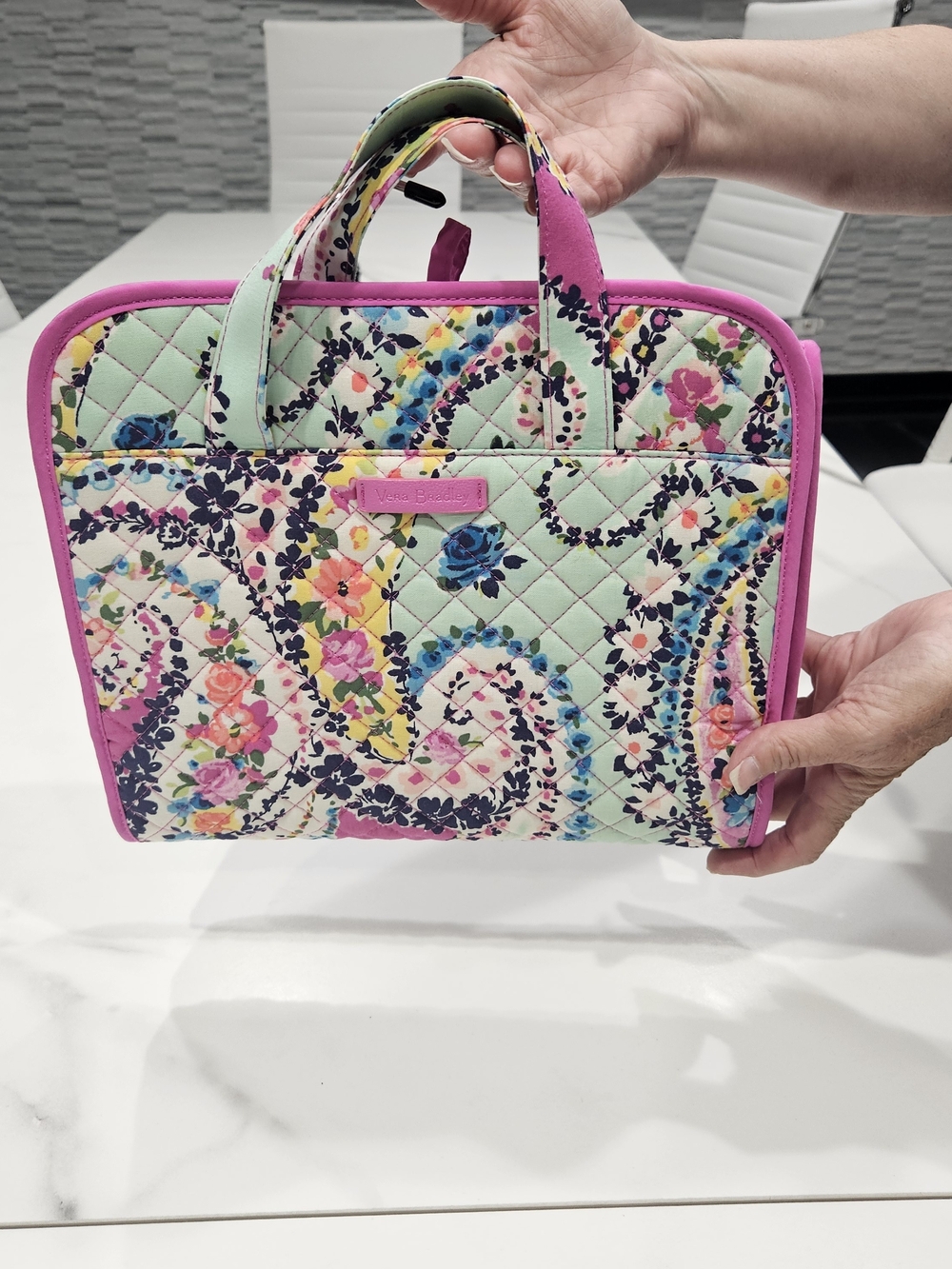 Vera Bradley Mint Floral Quilted Hanging Makeup Bag with Pink Trim
